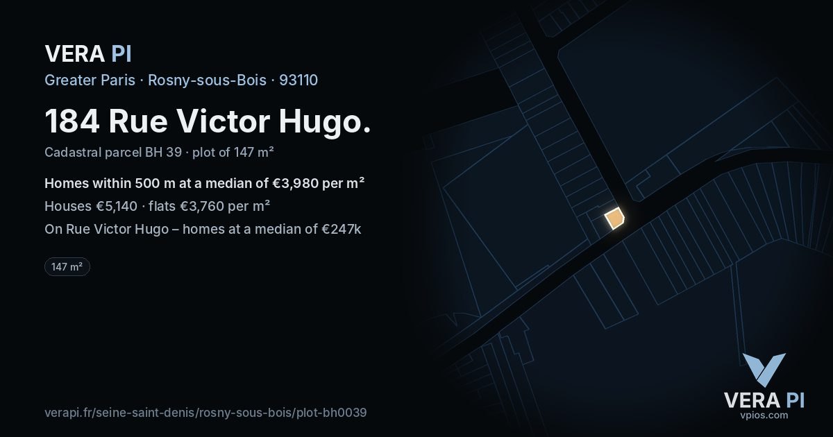 184 Rue Victor Hugo, Rosny-sous-Bois at night – the plot lit, the parcels around coloured by the prices near them