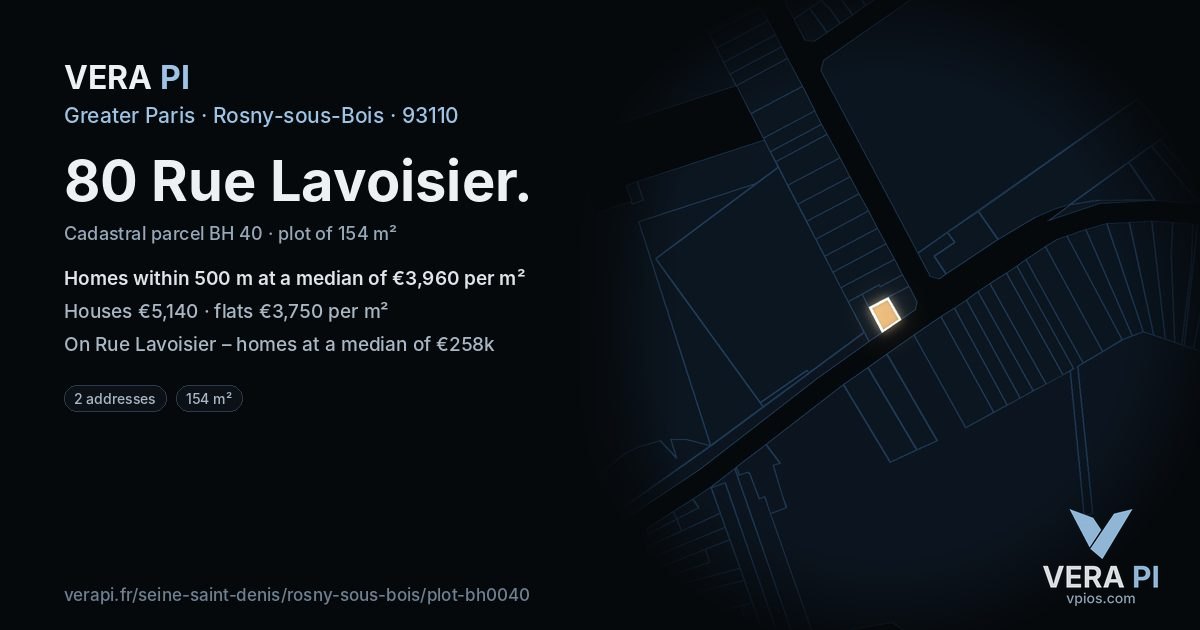 80 Rue Lavoisier, Rosny-sous-Bois at night – the plot lit, the parcels around coloured by the prices near them