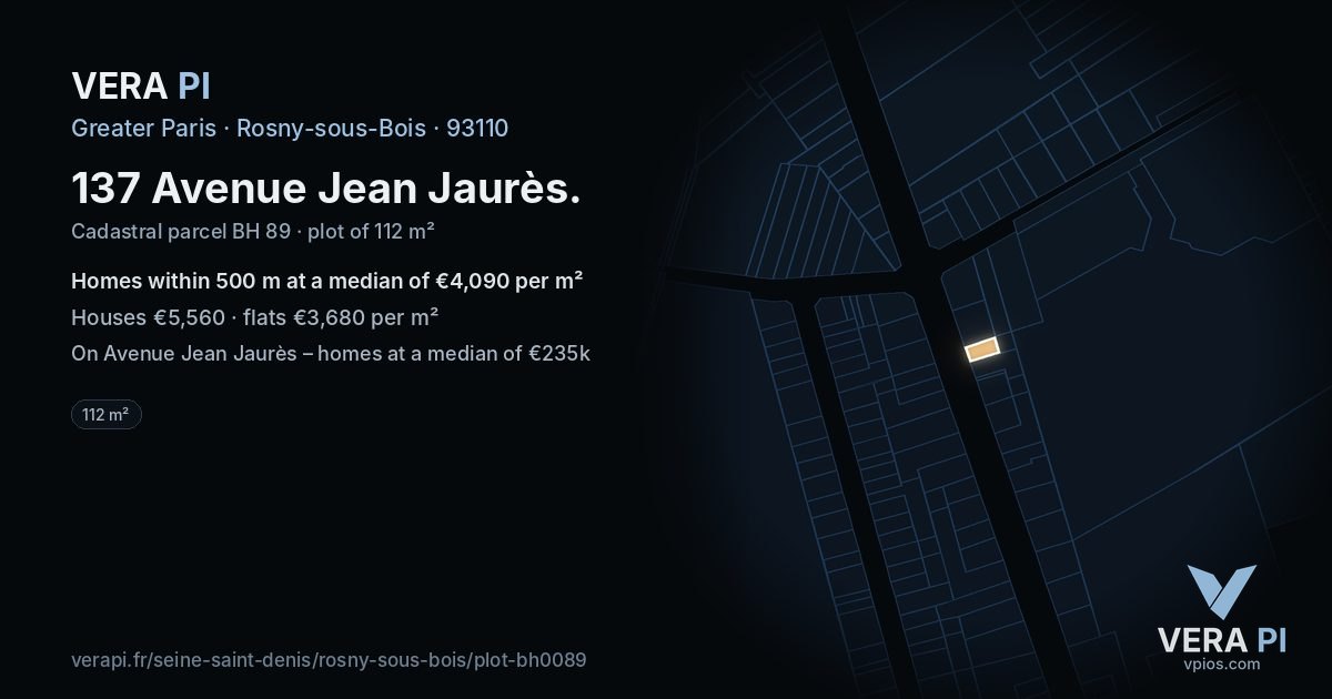 137 Avenue Jean Jaurès, Rosny-sous-Bois at night – the plot lit, the parcels around coloured by the prices near them