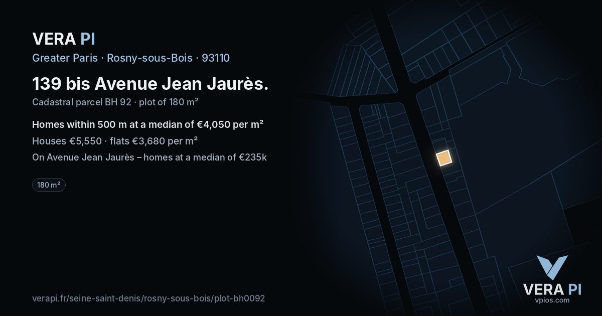 139 bis Avenue Jean Jaurès, Rosny-sous-Bois at night – the plot lit, the parcels around coloured by the prices near them
