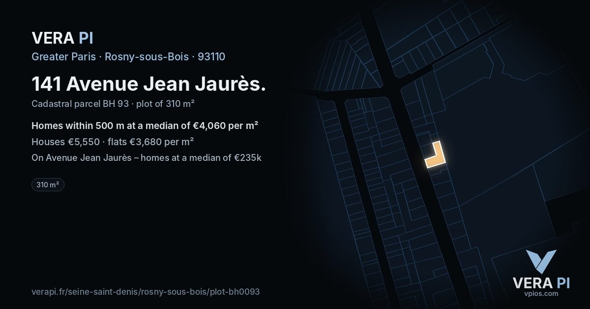 141 Avenue Jean Jaurès, Rosny-sous-Bois at night – the plot lit, the parcels around coloured by the prices near them