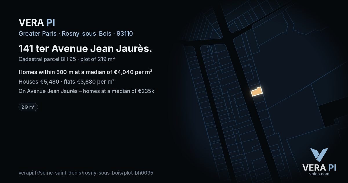 141 ter Avenue Jean Jaurès, Rosny-sous-Bois at night – the plot lit, the parcels around coloured by the prices near them