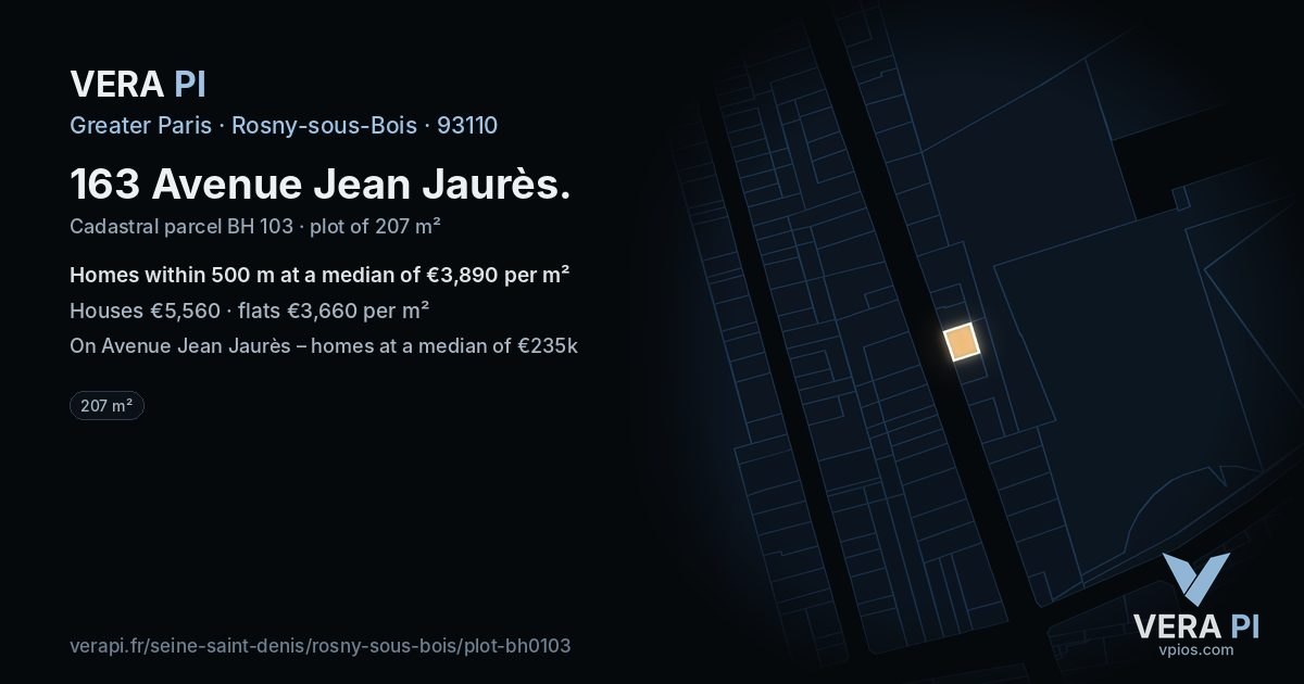 163 Avenue Jean Jaurès, Rosny-sous-Bois at night – the plot lit, the parcels around coloured by the prices near them