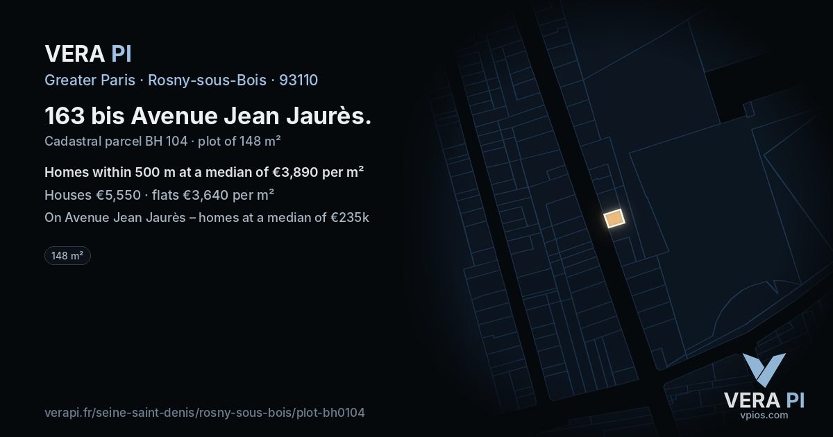 163 bis Avenue Jean Jaurès, Rosny-sous-Bois at night – the plot lit, the parcels around coloured by the prices near them