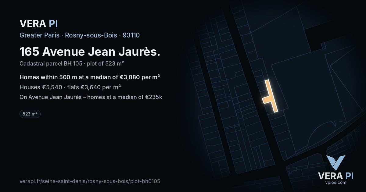 165 Avenue Jean Jaurès, Rosny-sous-Bois at night – the plot lit, the parcels around coloured by the prices near them