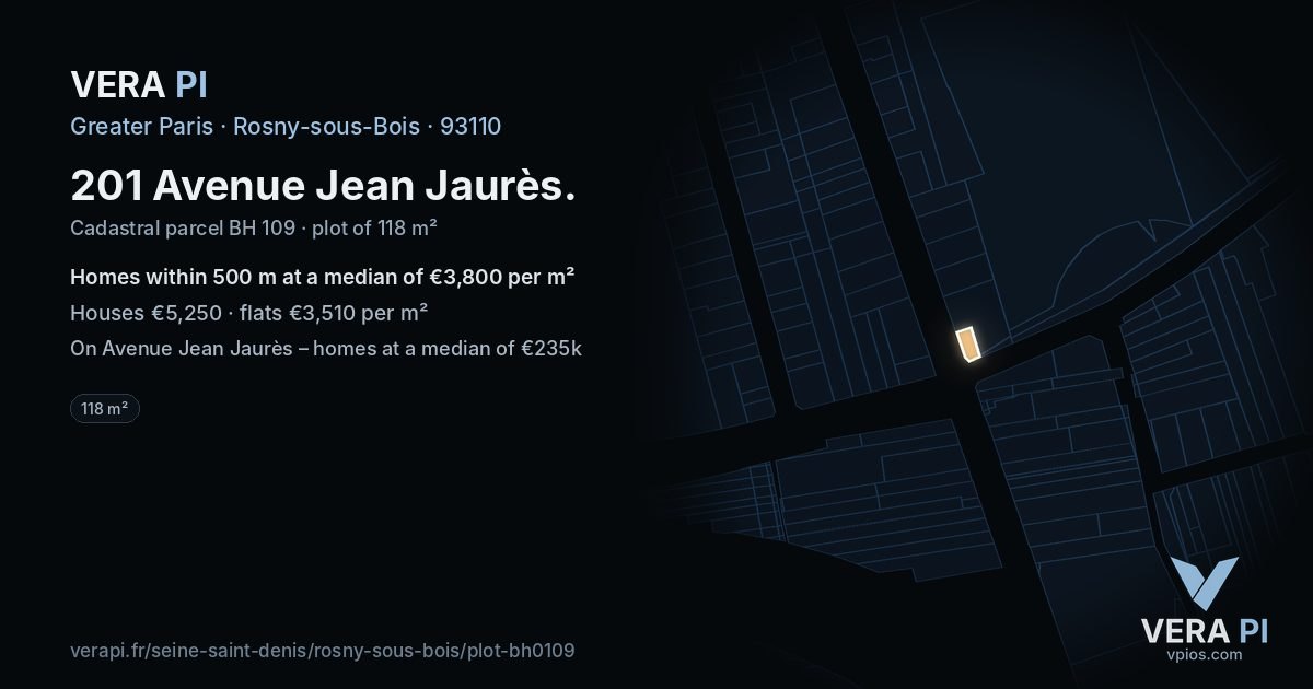 201 Avenue Jean Jaurès, Rosny-sous-Bois at night – the plot lit, the parcels around coloured by the prices near them