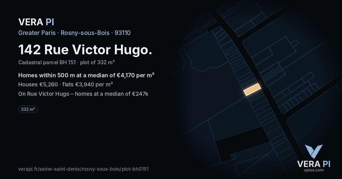 142 Rue Victor Hugo, Rosny-sous-Bois at night – the plot lit, the parcels around coloured by the prices near them