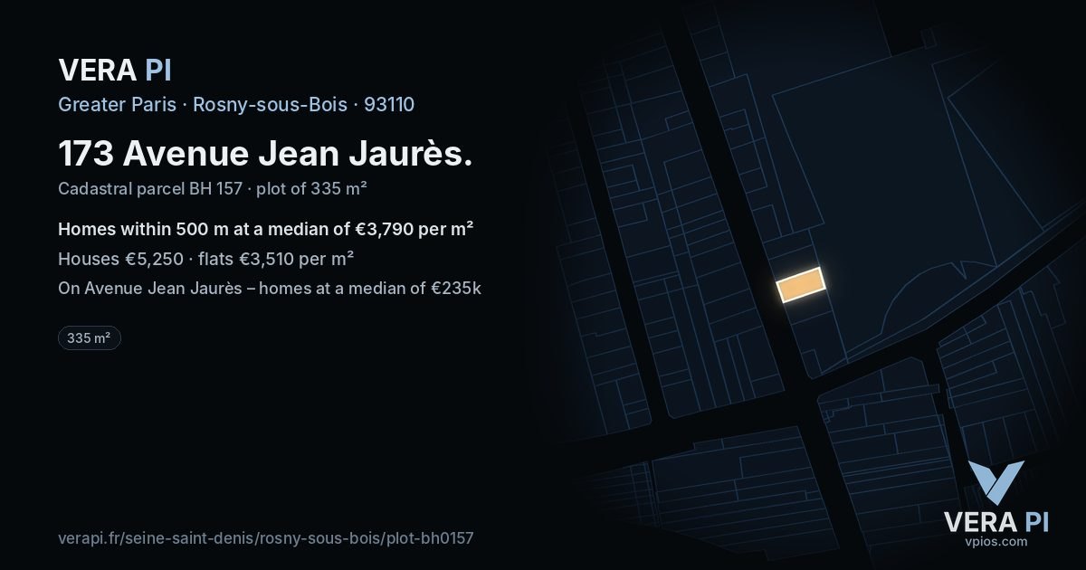 173 Avenue Jean Jaurès, Rosny-sous-Bois at night – the plot lit, the parcels around coloured by the prices near them