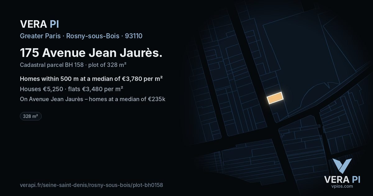 175 Avenue Jean Jaurès, Rosny-sous-Bois at night – the plot lit, the parcels around coloured by the prices near them