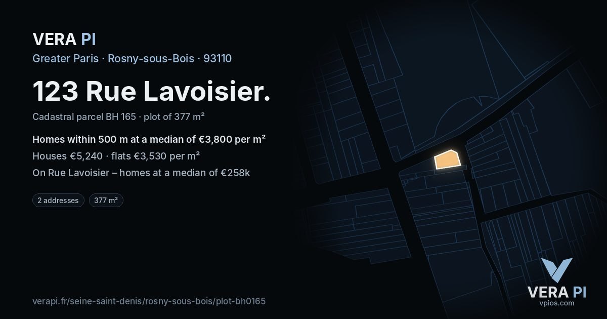 123 Rue Lavoisier, Rosny-sous-Bois at night – the plot lit, the parcels around coloured by the prices near them