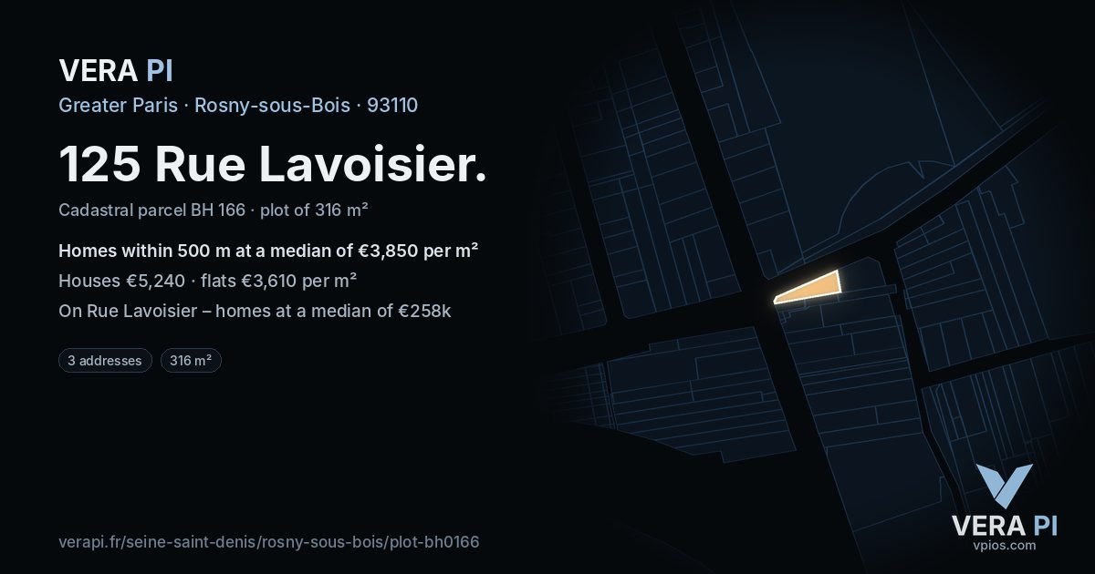 125 Rue Lavoisier, Rosny-sous-Bois at night – the plot lit, the parcels around coloured by the prices near them