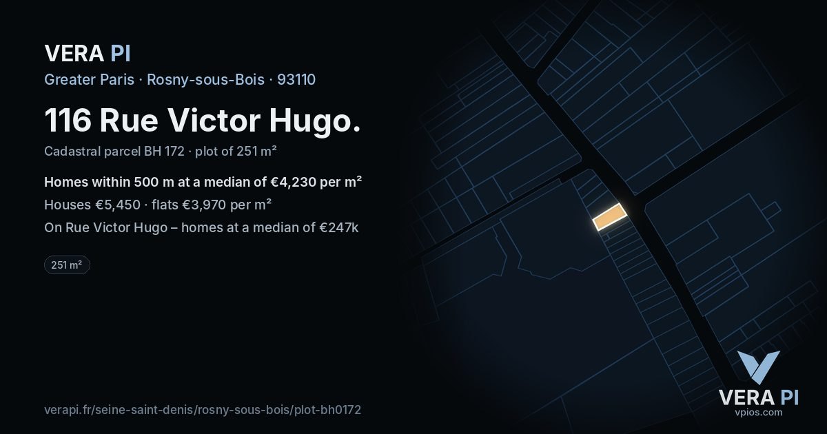116 Rue Victor Hugo, Rosny-sous-Bois at night – the plot lit, the parcels around coloured by the prices near them