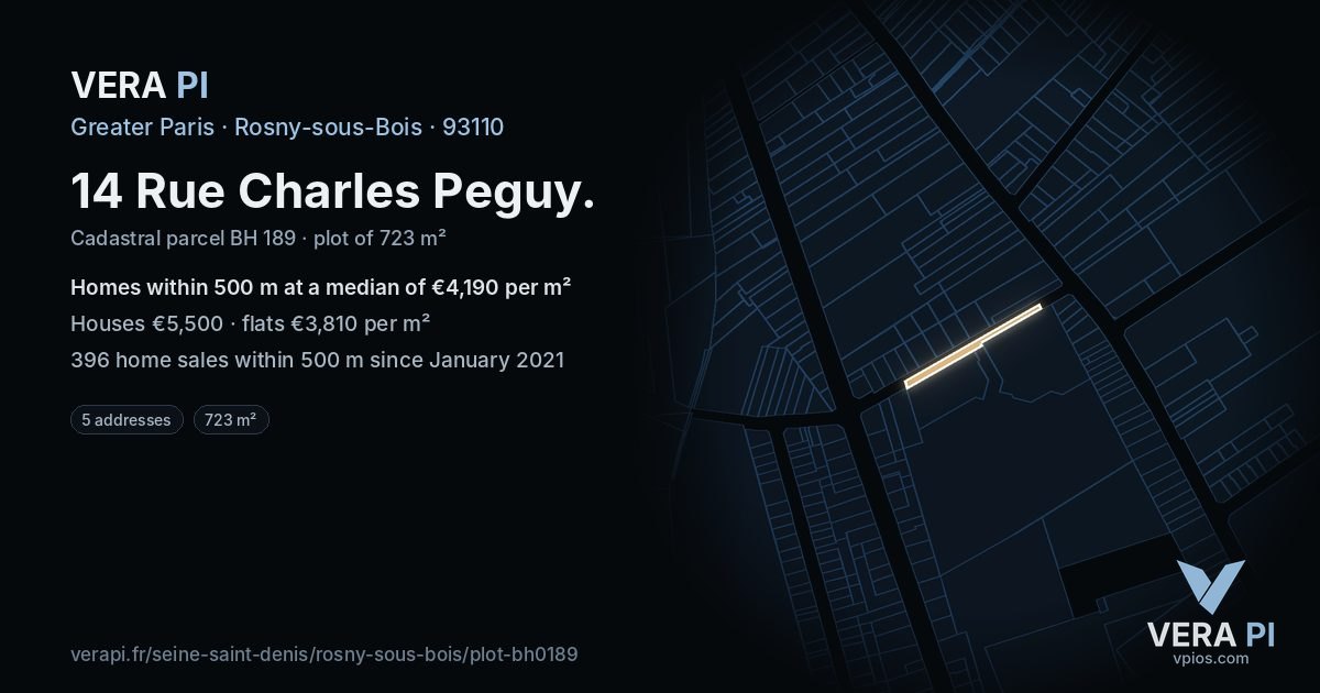 14 Rue Charles Peguy, Rosny-sous-Bois at night – the plot lit, the parcels around coloured by the prices near them