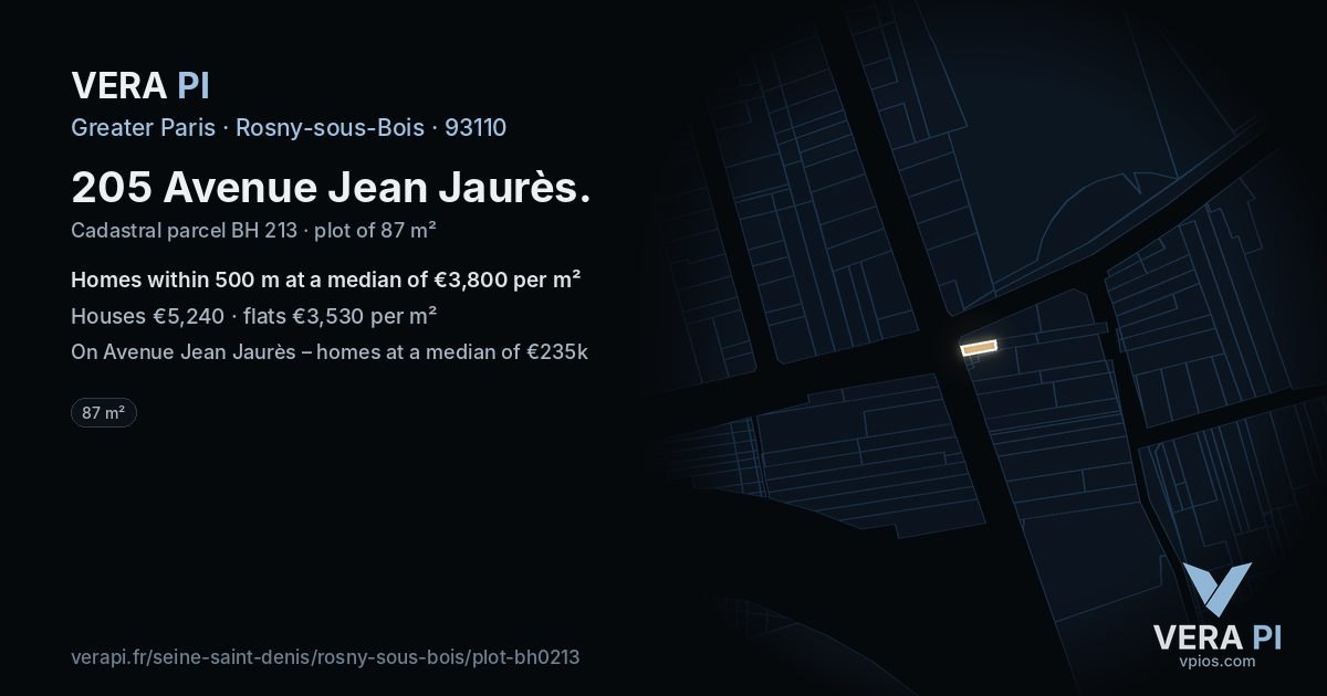 205 Avenue Jean Jaurès, Rosny-sous-Bois at night – the plot lit, the parcels around coloured by the prices near them