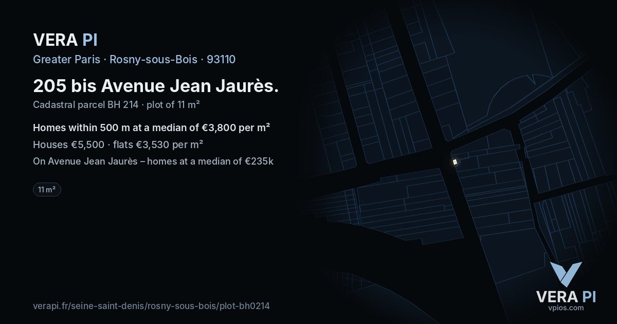 205 bis Avenue Jean Jaurès, Rosny-sous-Bois at night – the plot lit, the parcels around coloured by the prices near them
