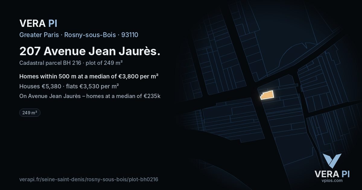 207 Avenue Jean Jaurès, Rosny-sous-Bois at night – the plot lit, the parcels around coloured by the prices near them