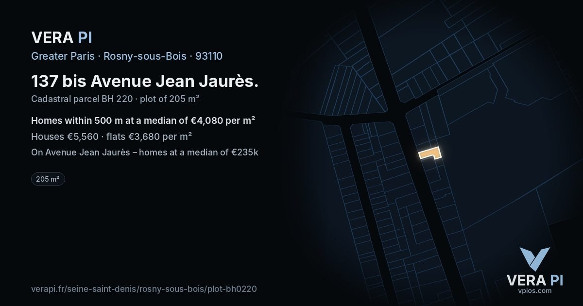 137 bis Avenue Jean Jaurès, Rosny-sous-Bois at night – the plot lit, the parcels around coloured by the prices near them