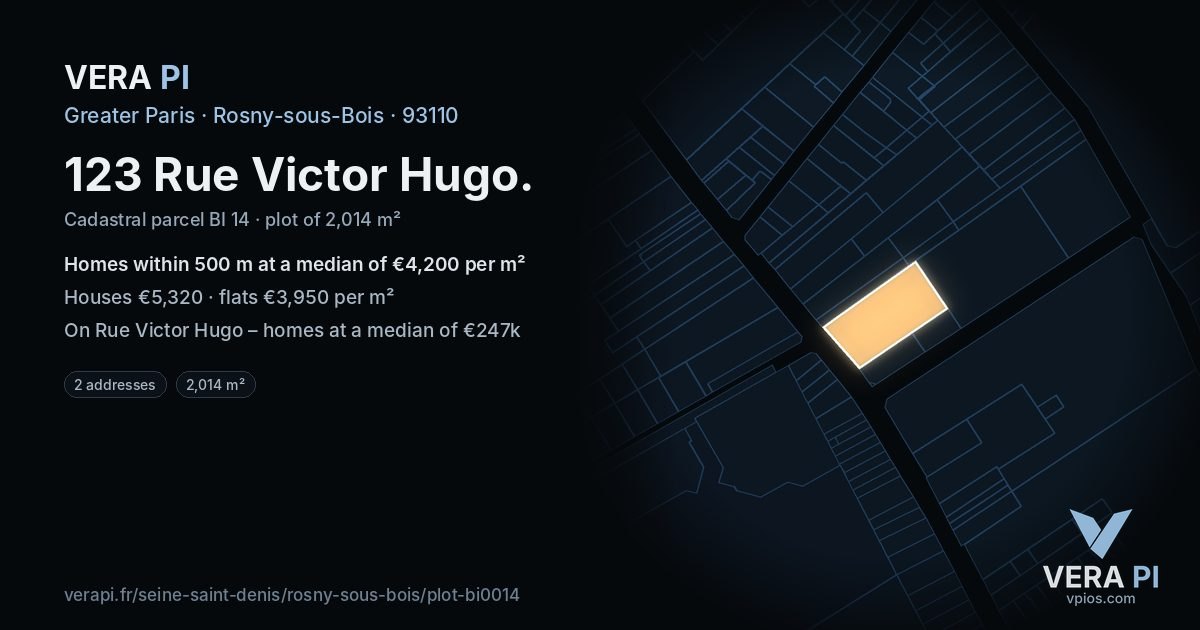 123 Rue Victor Hugo, Rosny-sous-Bois at night – the plot lit, the parcels around coloured by the prices near them