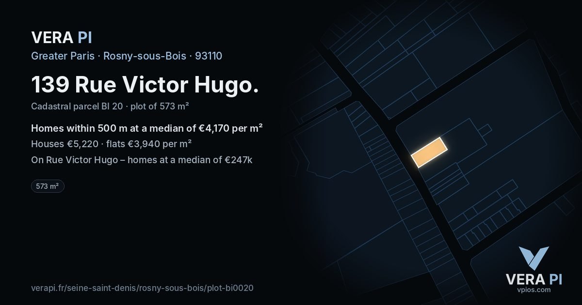 139 Rue Victor Hugo, Rosny-sous-Bois at night – the plot lit, the parcels around coloured by the prices near them