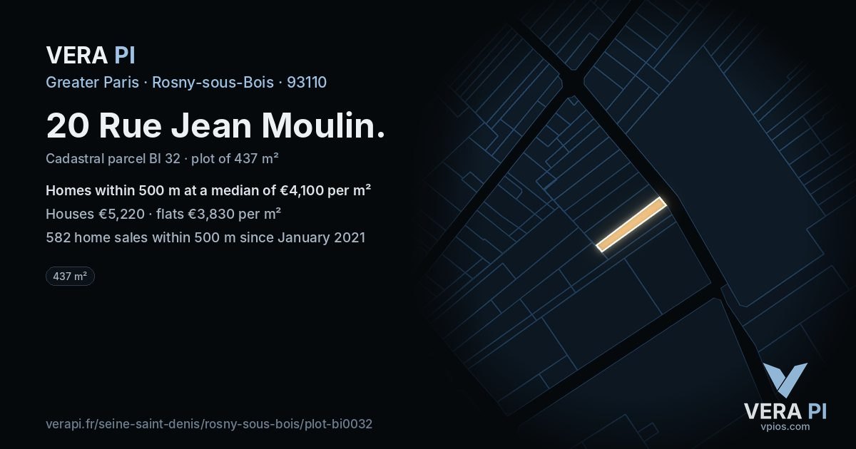 20 Rue Jean Moulin, Rosny-sous-Bois at night – the plot lit, the parcels around coloured by the prices near them