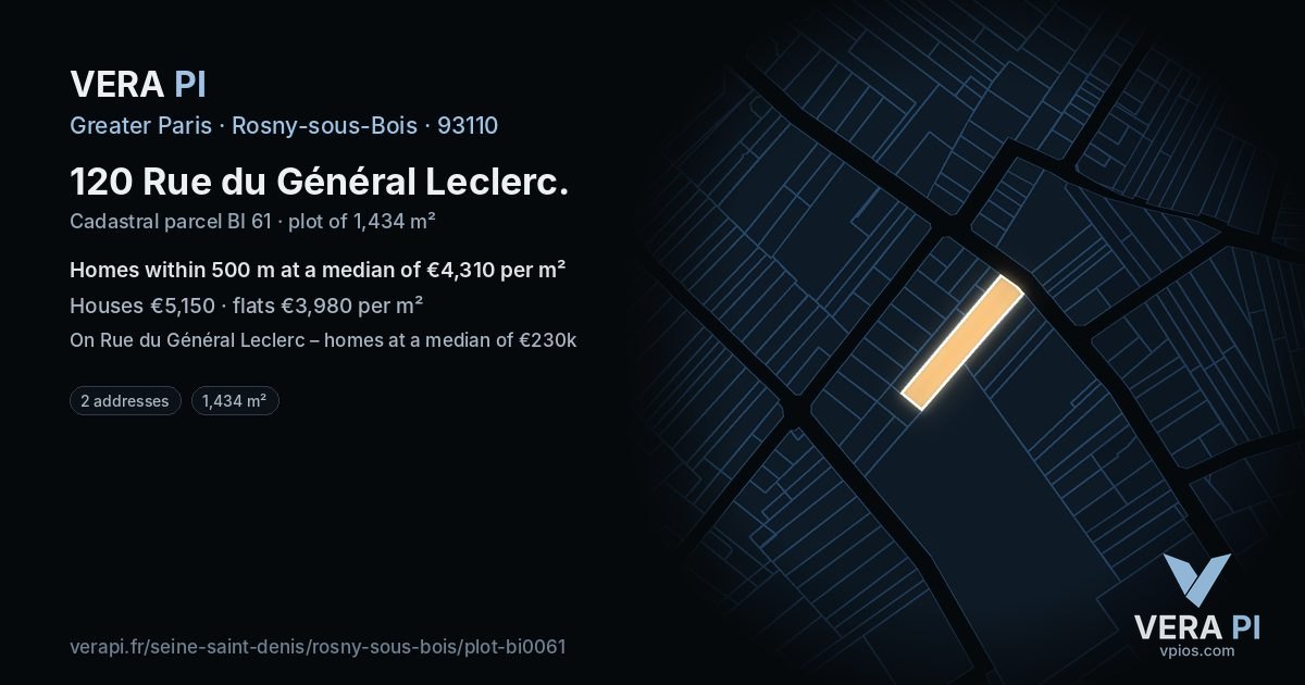 120 Rue du Général Leclerc, Rosny-sous-Bois at night – the plot lit, the parcels around coloured by the prices near them