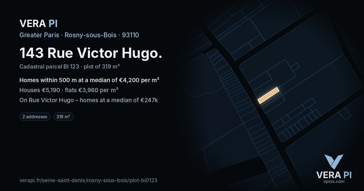 143 Rue Victor Hugo, Rosny-sous-Bois at night – the plot lit, the parcels around coloured by the prices near them
