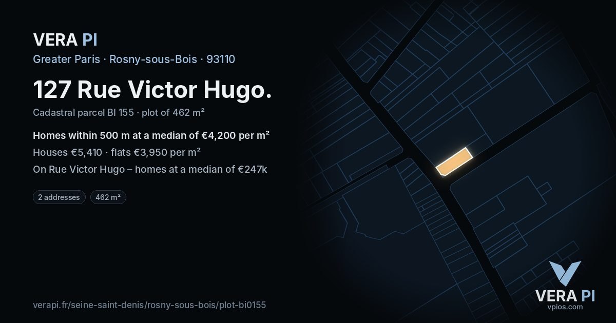 127 Rue Victor Hugo, Rosny-sous-Bois at night – the plot lit, the parcels around coloured by the prices near them