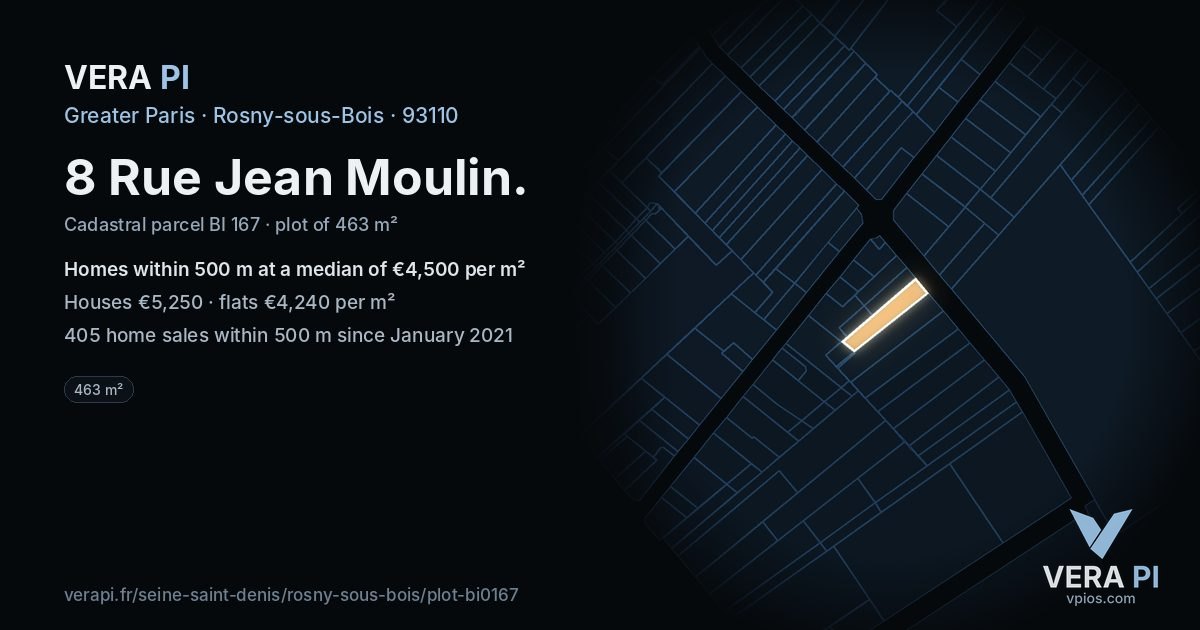 8 Rue Jean Moulin, Rosny-sous-Bois at night – the plot lit, the parcels around coloured by the prices near them