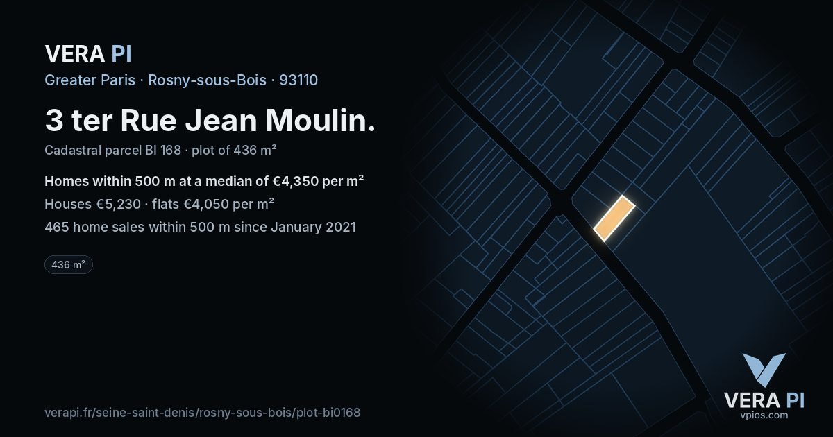 3 ter Rue Jean Moulin, Rosny-sous-Bois at night – the plot lit, the parcels around coloured by the prices near them