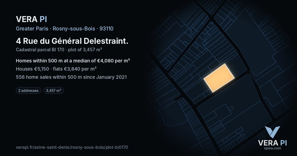 4 Rue du Général Delestraint, Rosny-sous-Bois at night – the plot lit, the parcels around coloured by the prices near them