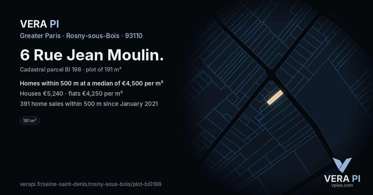 6 Rue Jean Moulin, Rosny-sous-Bois at night – the plot lit, the parcels around coloured by the prices near them