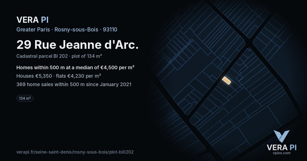 29 Rue Jeanne d'Arc, Rosny-sous-Bois at night – the plot lit, the parcels around coloured by the prices near them