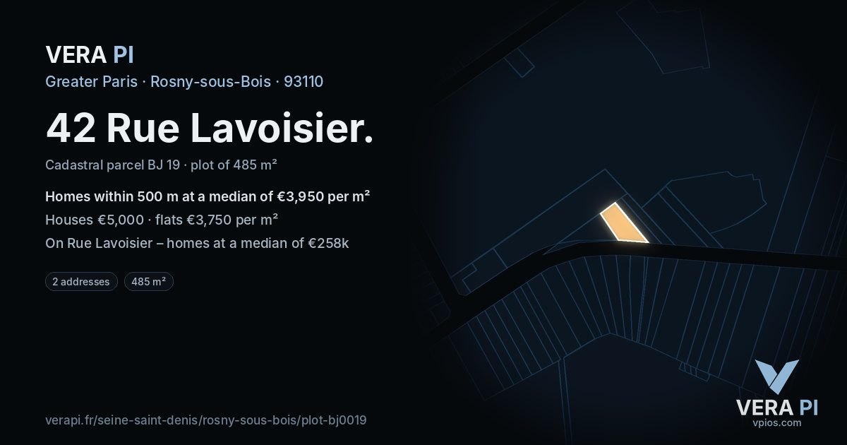 42 Rue Lavoisier, Rosny-sous-Bois at night – the plot lit, the parcels around coloured by the prices near them