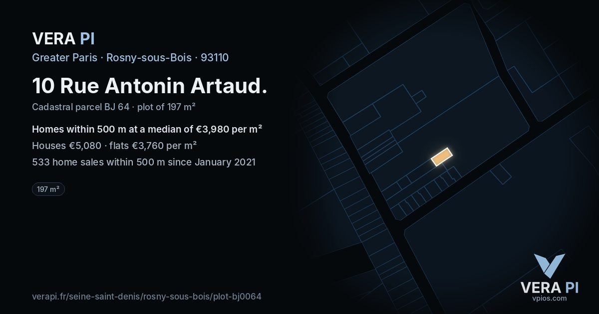 10 Rue Antonin Artaud, Rosny-sous-Bois at night – the plot lit, the parcels around coloured by the prices near them