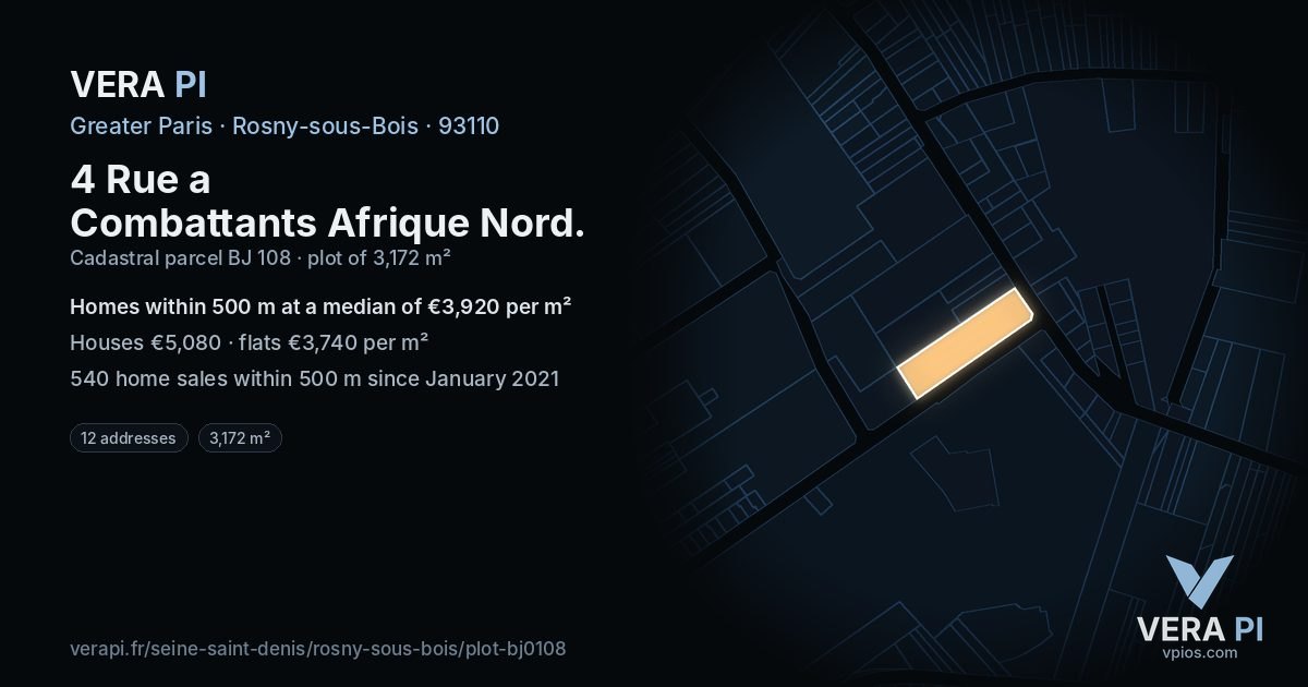 4 Rue a Combattants Afrique Nord, Rosny-sous-Bois at night – the plot lit, the parcels around coloured by the prices near them