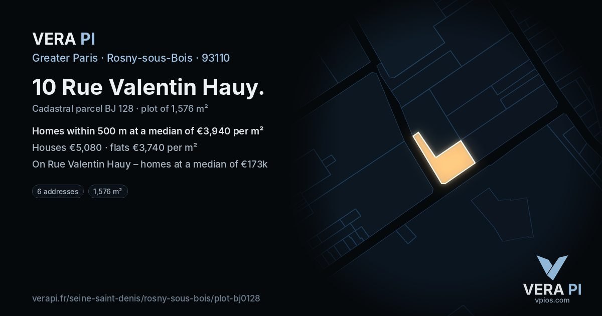 10 Rue Valentin Hauy, Rosny-sous-Bois at night – the plot lit, the parcels around coloured by the prices near them