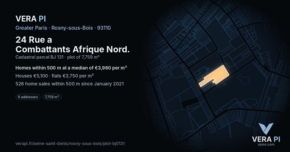 24 Rue a Combattants Afrique Nord, Rosny-sous-Bois at night – the plot lit, the parcels around coloured by the prices near them