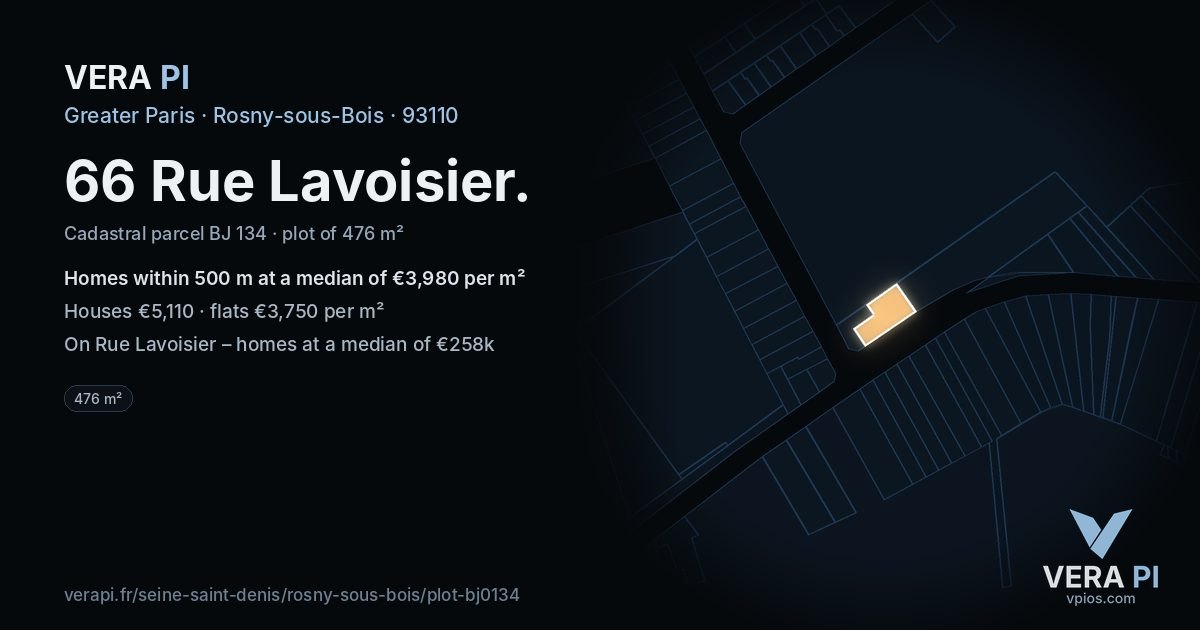 66 Rue Lavoisier, Rosny-sous-Bois at night – the plot lit, the parcels around coloured by the prices near them