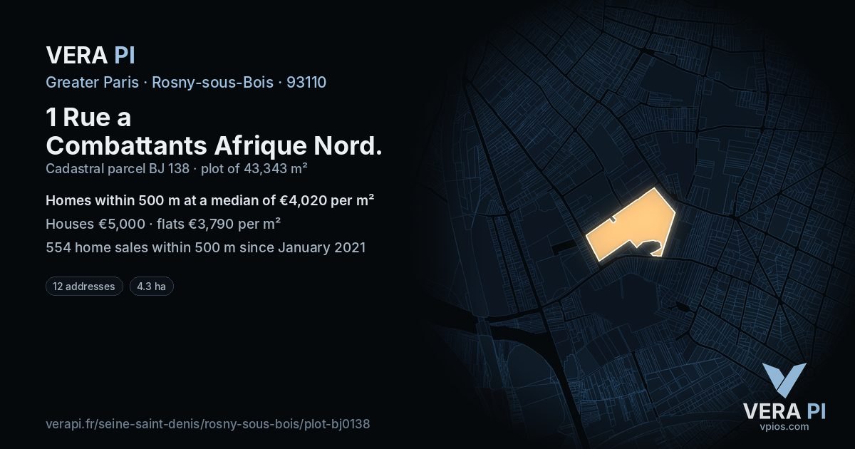 1 Rue a Combattants Afrique Nord, Rosny-sous-Bois at night – the plot lit, the parcels around coloured by the prices near them
