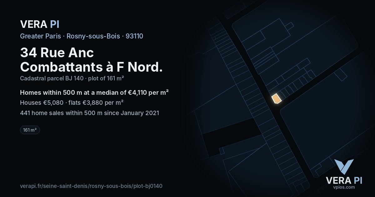 34 Rue Anc Combattants à F Nord, Rosny-sous-Bois at night – the plot lit, the parcels around coloured by the prices near them