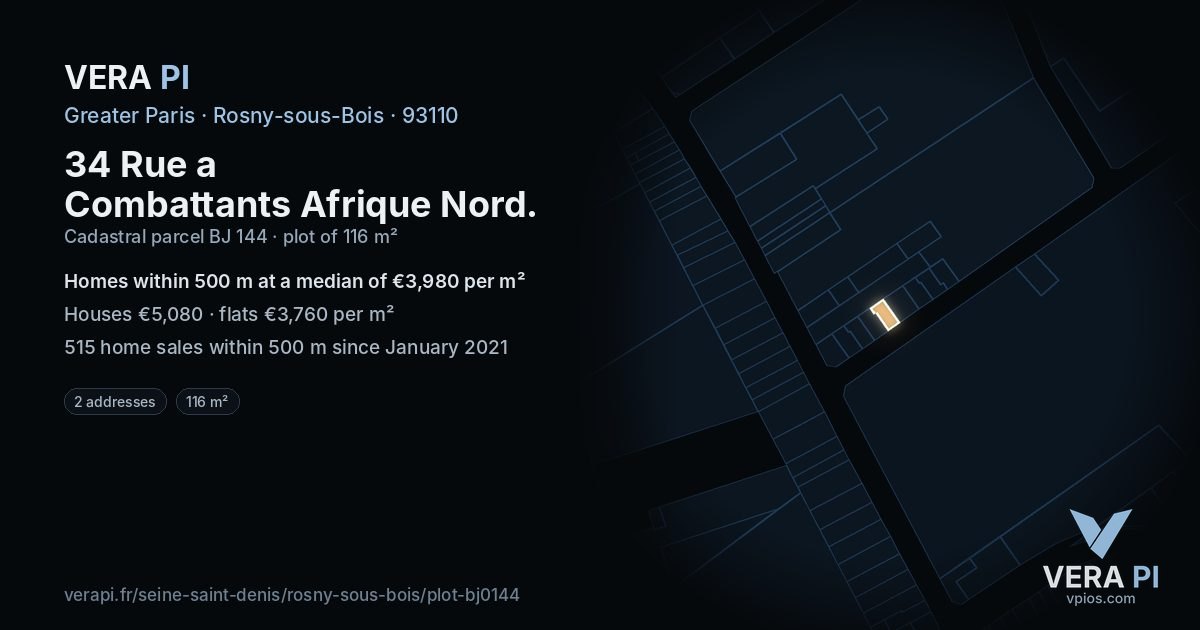 34 Rue a Combattants Afrique Nord, Rosny-sous-Bois at night – the plot lit, the parcels around coloured by the prices near them