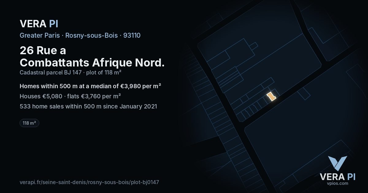 26 Rue a Combattants Afrique Nord, Rosny-sous-Bois at night – the plot lit, the parcels around coloured by the prices near them