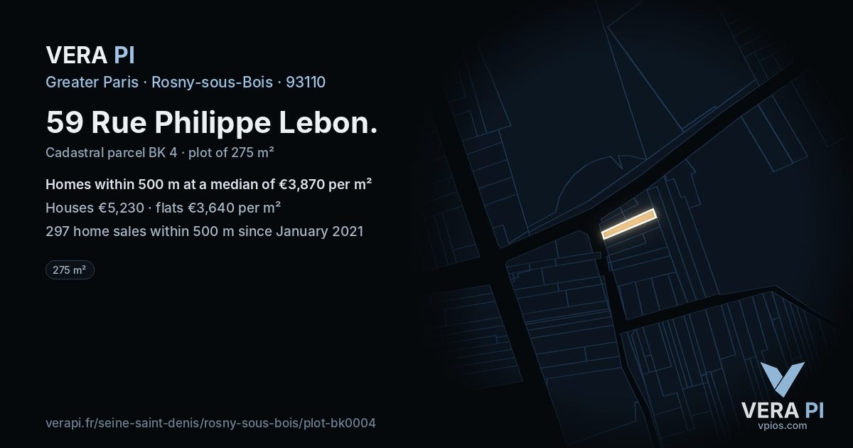 59 Rue Philippe Lebon, Rosny-sous-Bois at night – the plot lit, the parcels around coloured by the prices near them