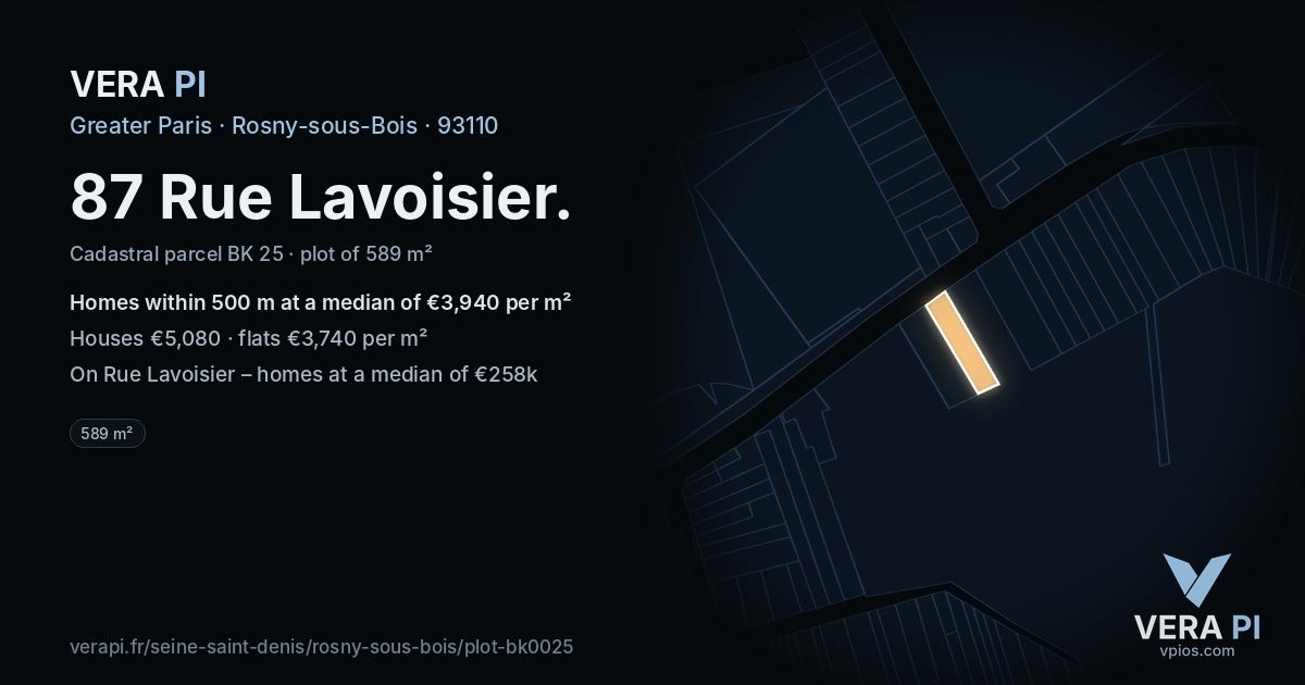 87 Rue Lavoisier, Rosny-sous-Bois at night – the plot lit, the parcels around coloured by the prices near them