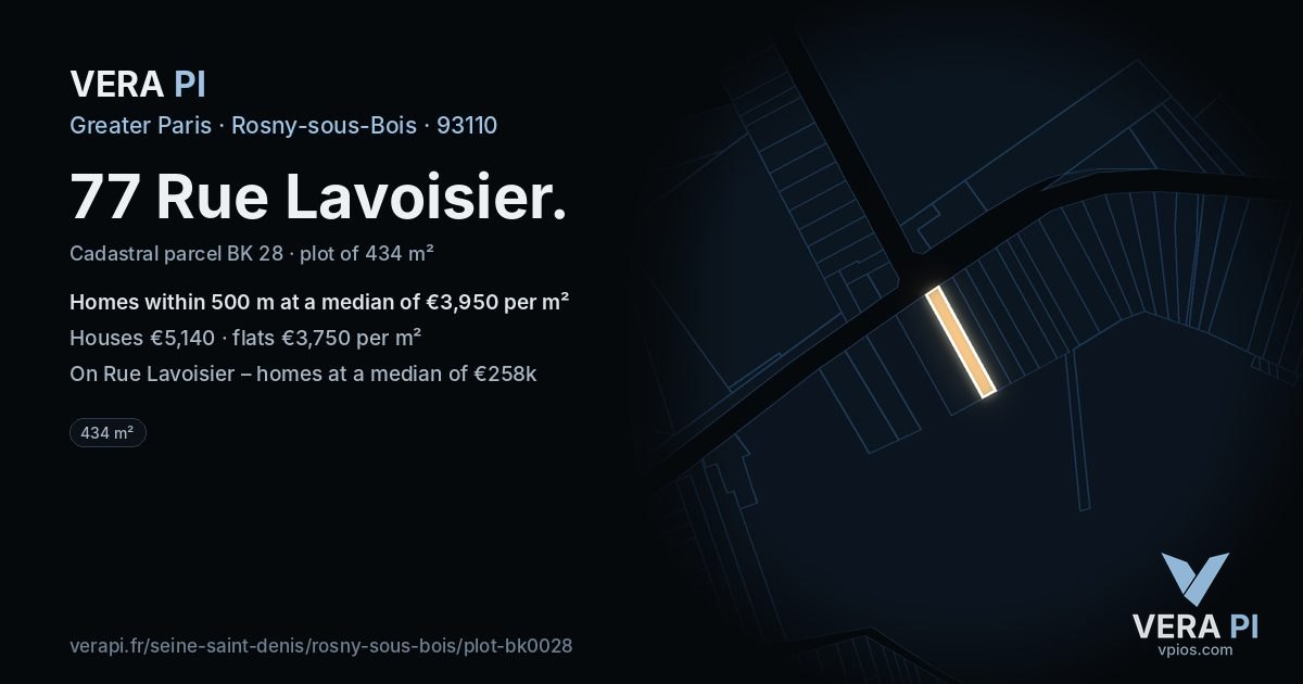 77 Rue Lavoisier, Rosny-sous-Bois at night – the plot lit, the parcels around coloured by the prices near them