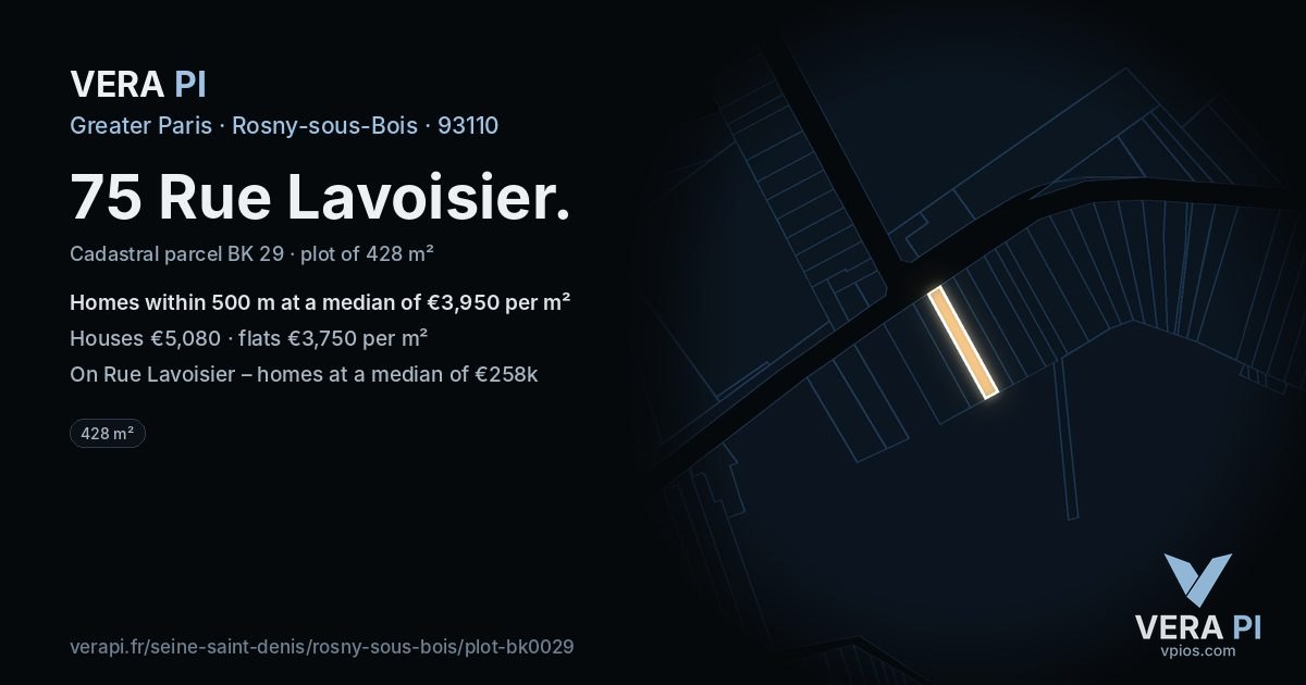 75 Rue Lavoisier, Rosny-sous-Bois at night – the plot lit, the parcels around coloured by the prices near them