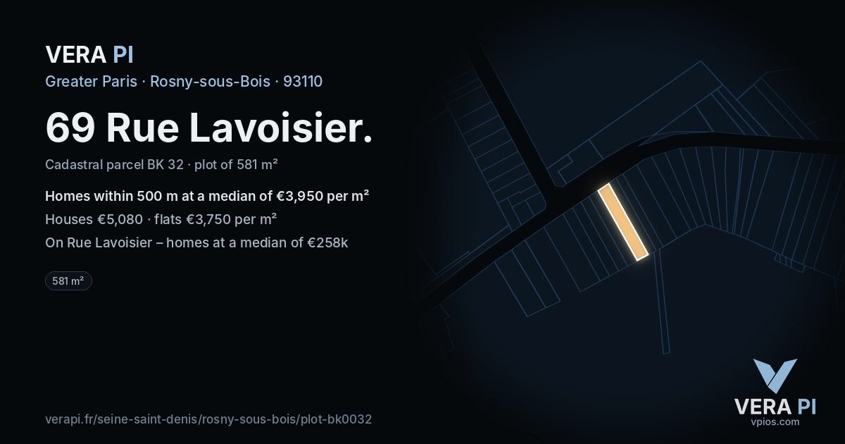 69 Rue Lavoisier, Rosny-sous-Bois at night – the plot lit, the parcels around coloured by the prices near them