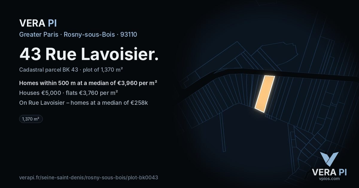 43 Rue Lavoisier, Rosny-sous-Bois at night – the plot lit, the parcels around coloured by the prices near them