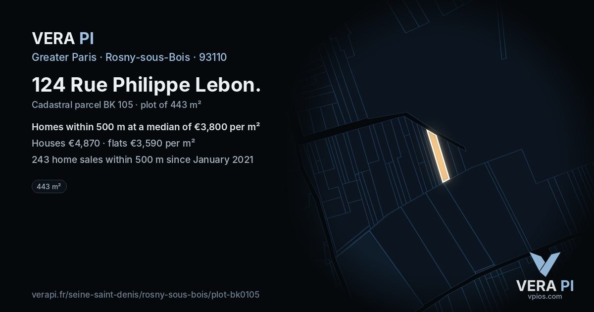 124 Rue Philippe Lebon, Rosny-sous-Bois at night – the plot lit, the parcels around coloured by the prices near them