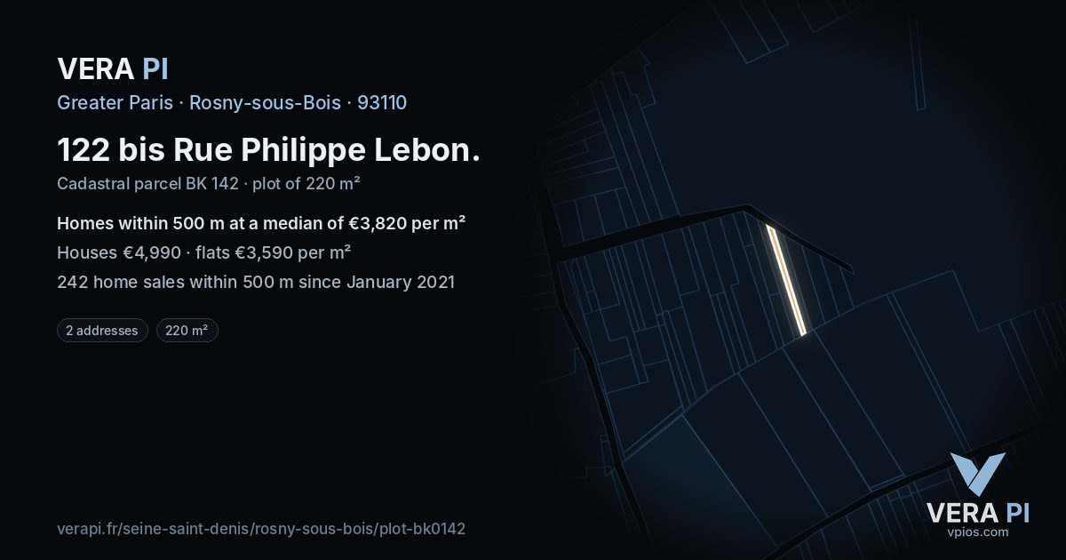 122 bis Rue Philippe Lebon, Rosny-sous-Bois at night – the plot lit, the parcels around coloured by the prices near them